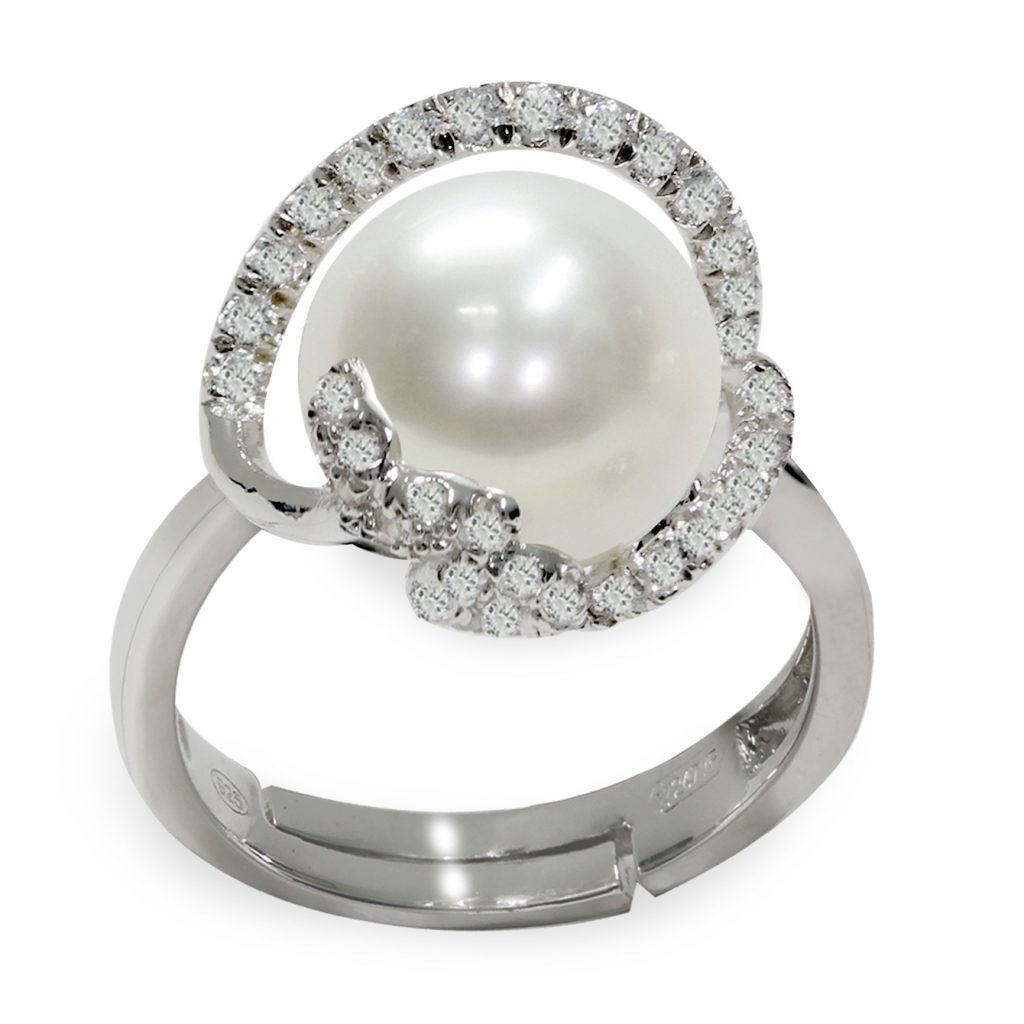 Anello Arg. 925°/°°+Rh C.Z. Perla Piena Perlagione button 9/10mm
