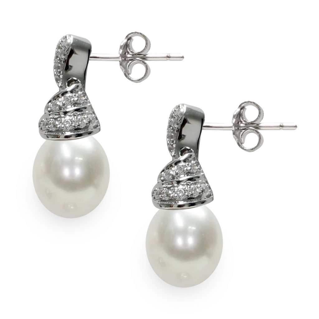 Orecchini Argento 925°/°° C.Z. Perle Piena Perlagione drop 8/9mm