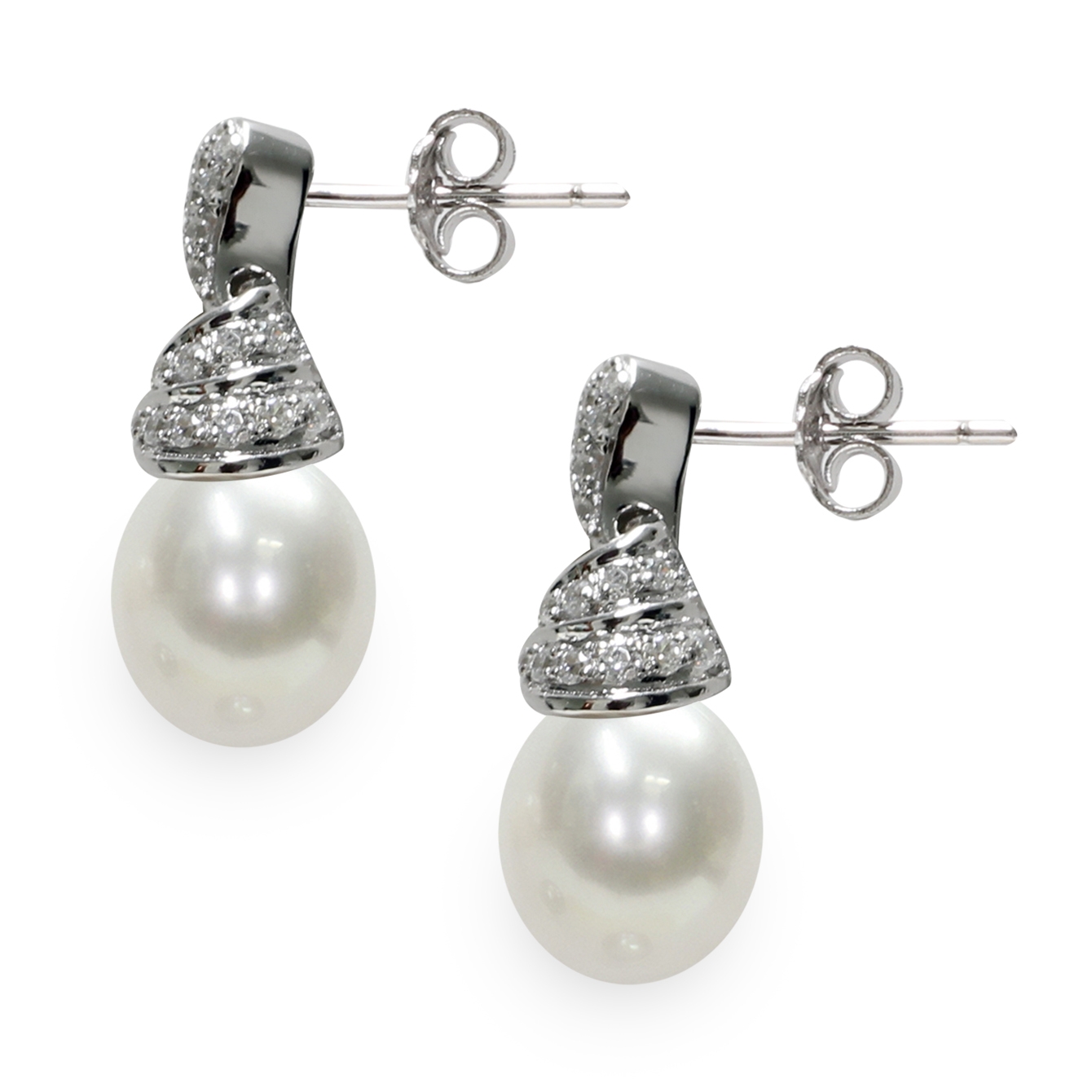 Orecchini Argento 925°/°° C.Z. Perle Piena Perlagione drop 8/9mm