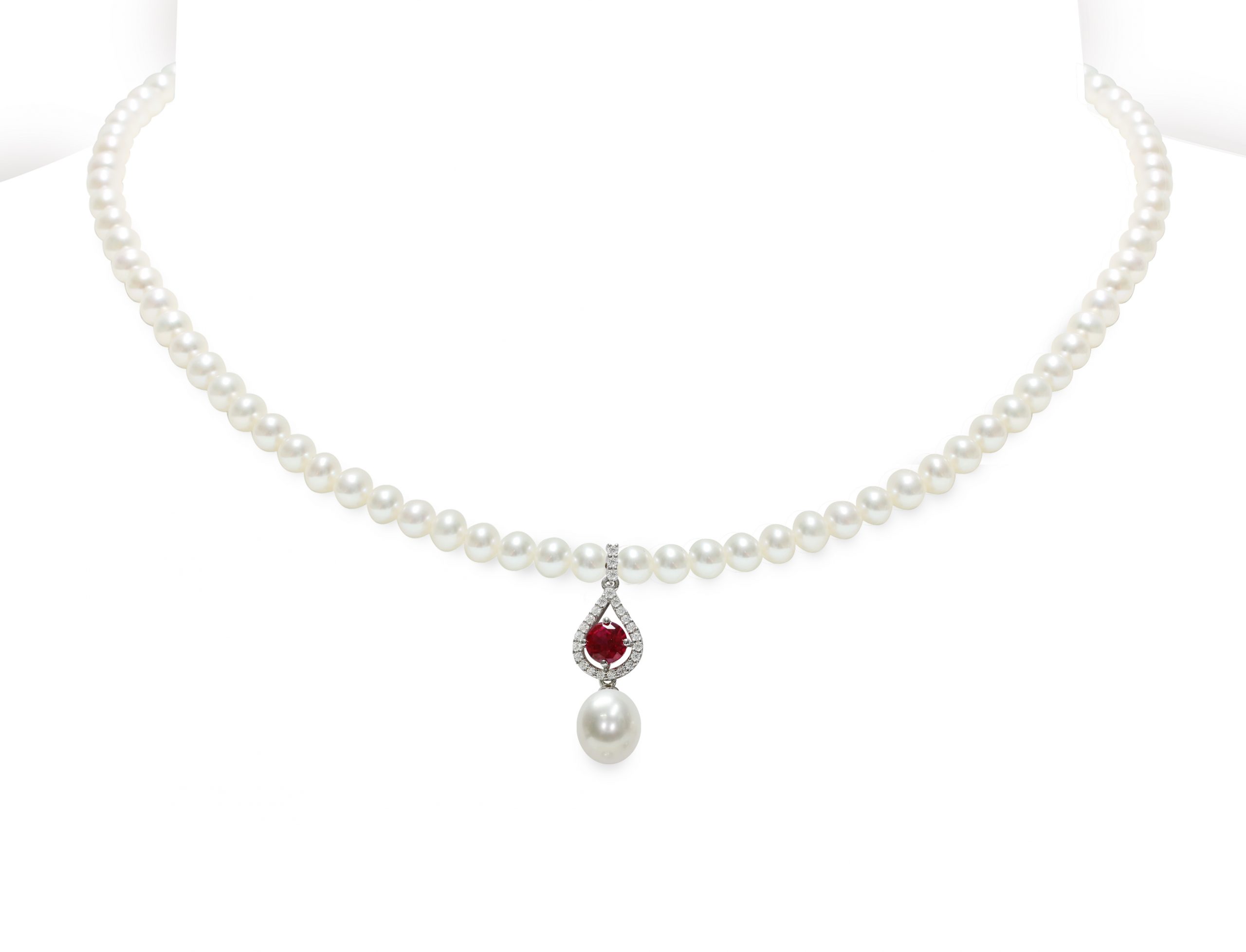 Collana Perle P.P. 4½x5 drop 8½x9mm C.Z. rubino di sintesi 925 Silver+Rh