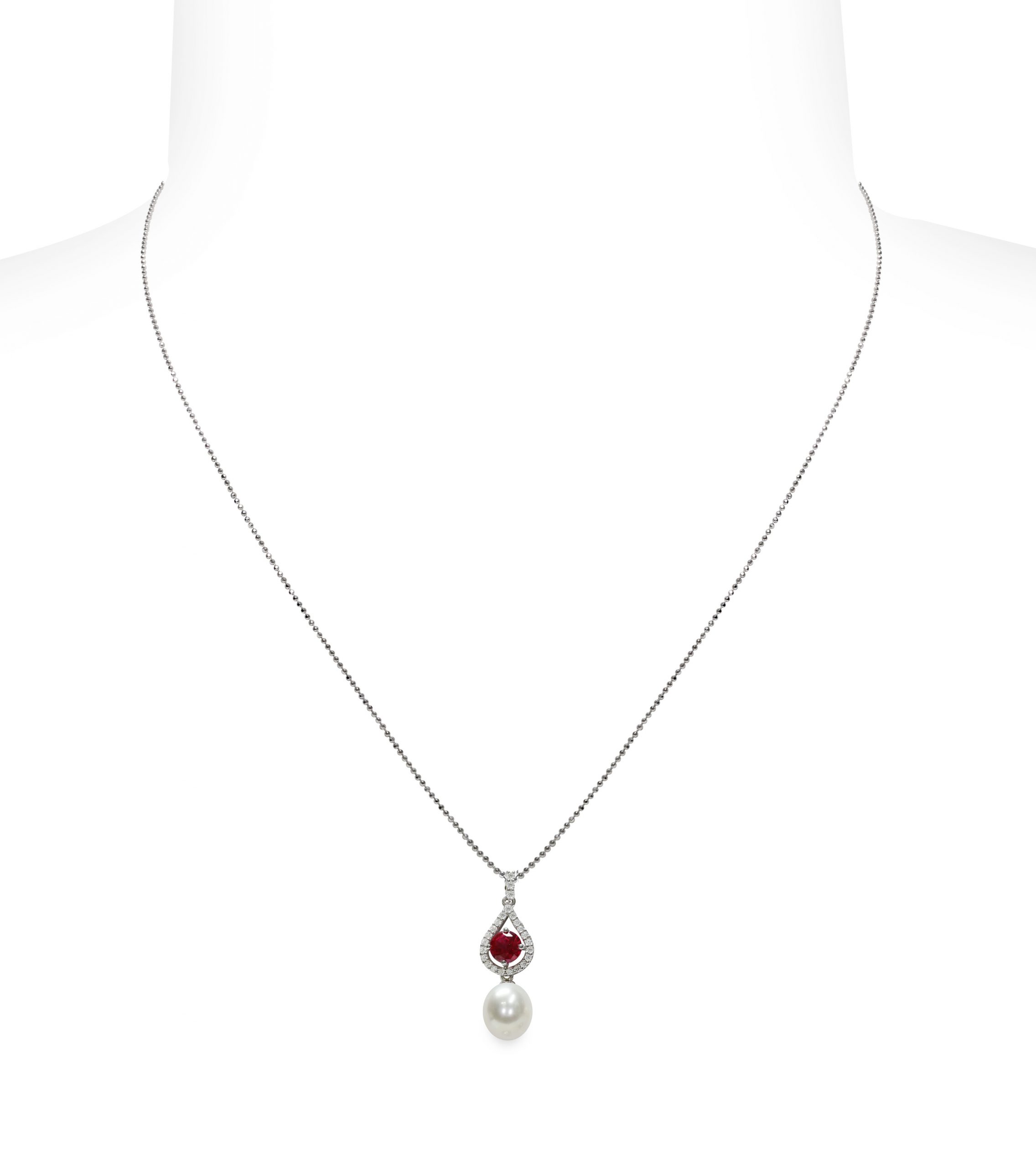 Pendente c/catena Arg.925°/°°+Rh C.Z.rubino di sintesi Perla P.P.drop 8½x9mm