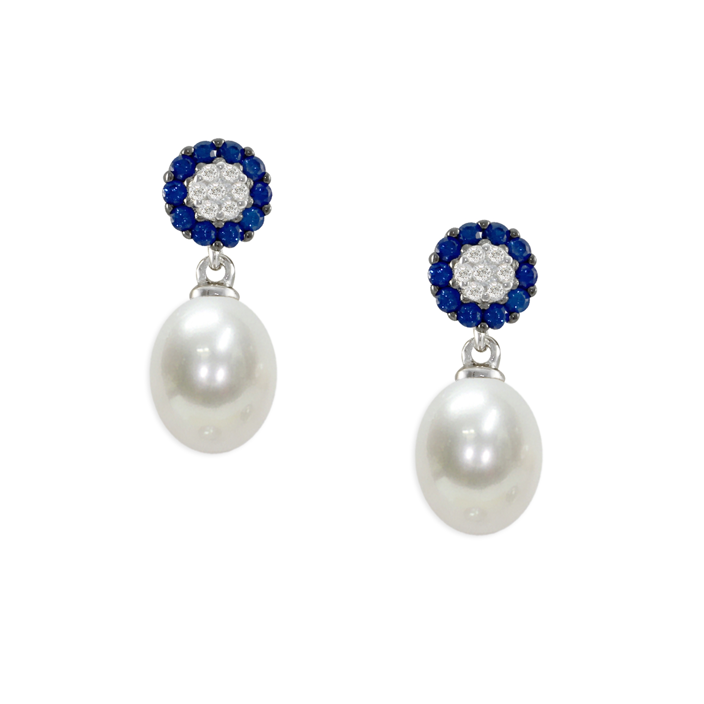 Orecchini Arg.925°/°°+Rh C.Z. blu/bianco Perle Piena Perlagione drop 7½x8mm