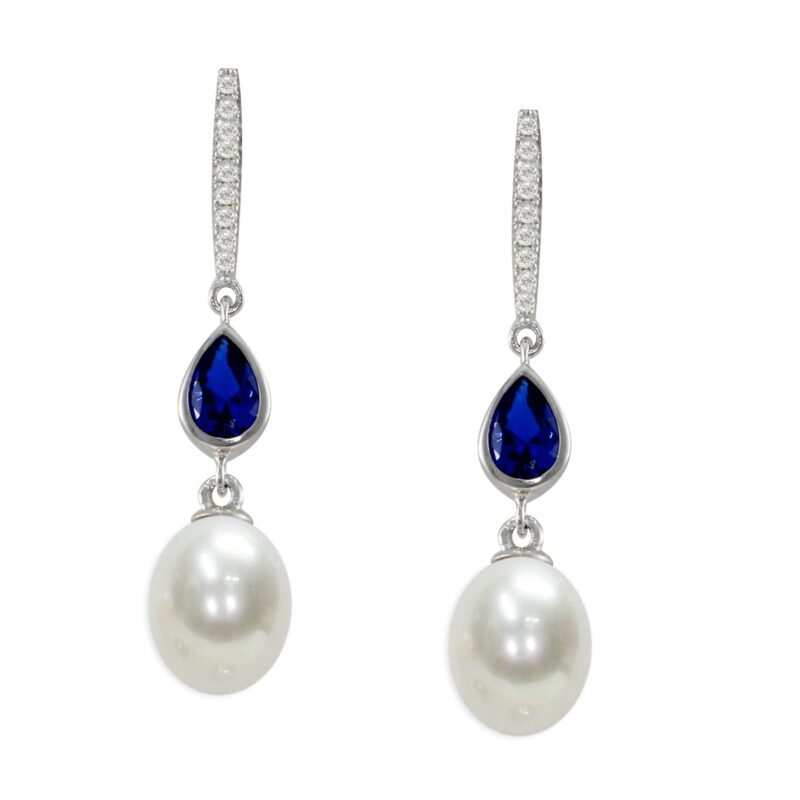 Orecchini Arg.925°/°°+Rh C.Z. blu/bianco Perle Piena Perlagione drop 7½x8mm