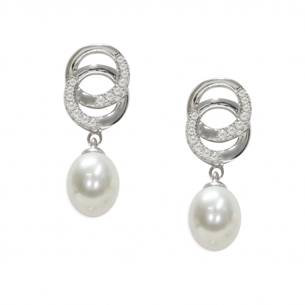 Coppia Orecchini Arg.925°/°°+Rh C.Z. Perle Piena Perlagione Drop 7½x8mm