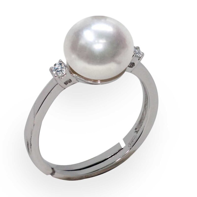 Ring in 925 Silver C.Z. Fresh Water button Pearl 9½x10mm adjustable size from ø 14 to 17