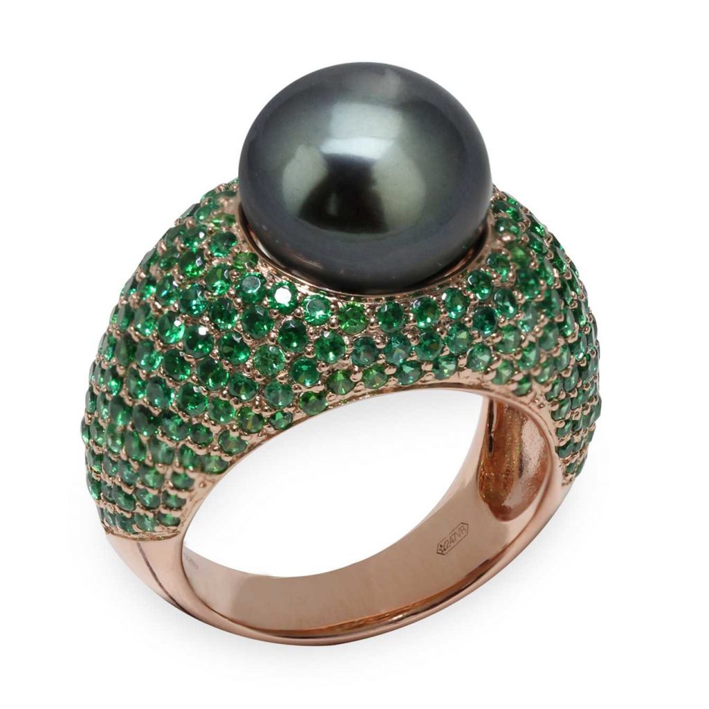 Anello in Argento 925‰ C.Z. verde smeraldo Perla Tahitiana 11-12mm misura ø 14
