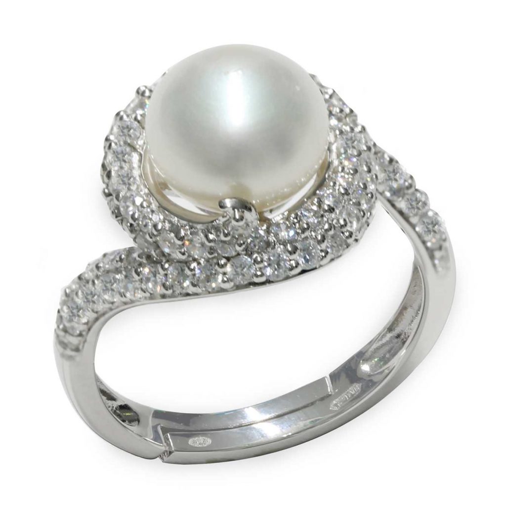 Anello in Argento 925‰ C.Z. Perla Piena Perlagione button 9-10mm misura regolabile da ø 14 a 17