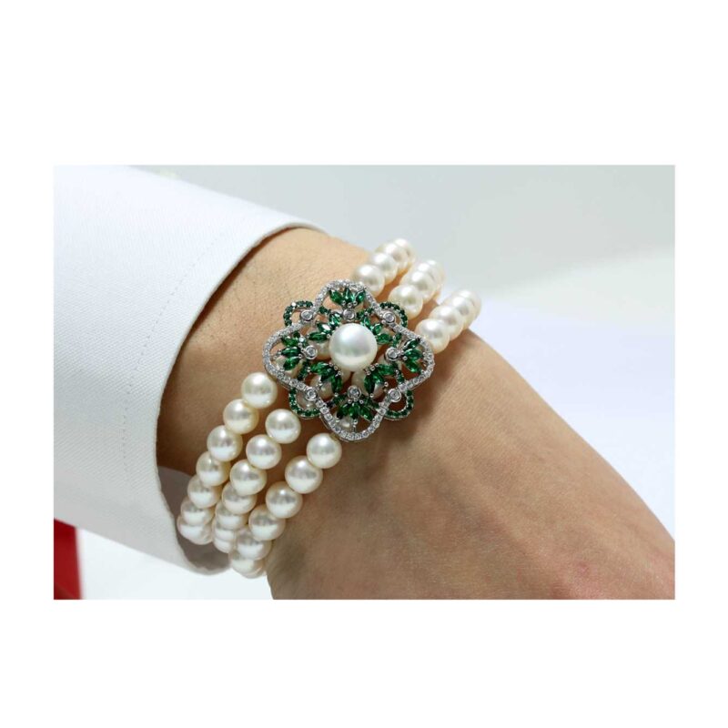 Bracciale di Perle Piena Perlagione 6½x7-4½x5-9mm C.Z. bianco/verde e Argento 925‰ su filo di silicone lunghezza cm 19~