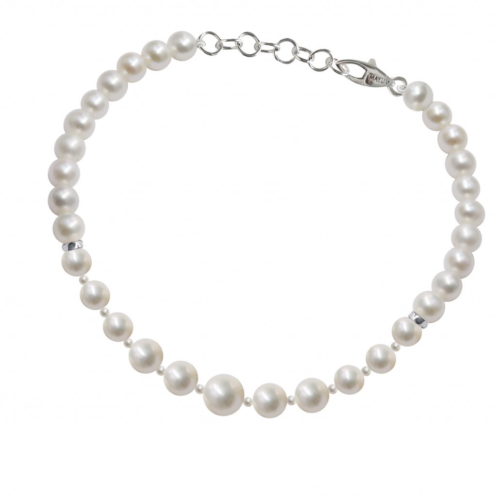 Bracciale di Perle Piena Perlagione 4½x5-6½x7-7½x8-2x2½mm e Oro bianco 750‰ lunghezza regolabile da cm 17 a 20~