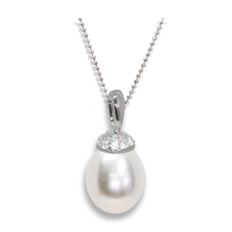 Pendente con catena in Argento 925‰ C.Z. Perla Piena Perlagione drop 8½x9mm lunghezza cm 45~