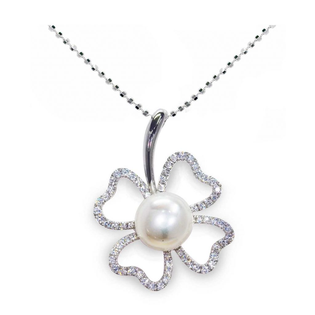 Pendente con catena in Argento 925‰ C.Z. Perla Piena Perlagione button 8½x9mm lunghezza cm 45~