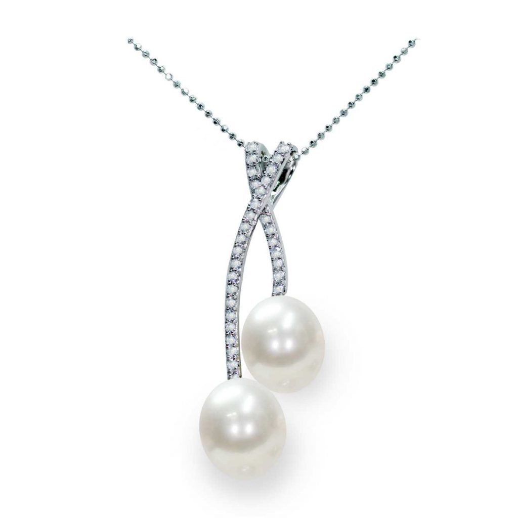 Pendente con catena in Argento 925‰ C.Z. Perle Piena Perlagione 8x8½-9½x10mm lunghezza cm 45~