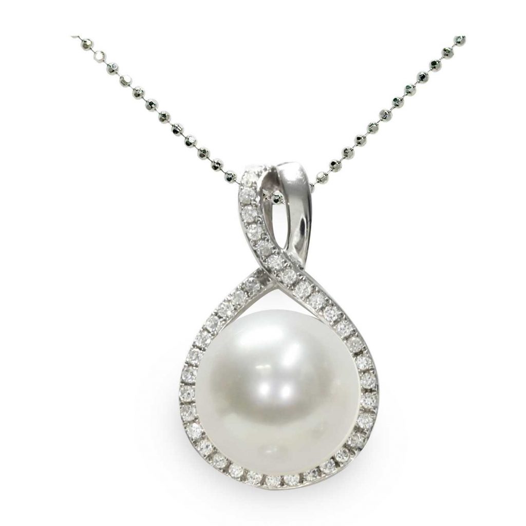 Pendente con catena in Argento 925‰ C.Z. Perla Piena Perlagione button 10x10½mm lunghezza cm 45~