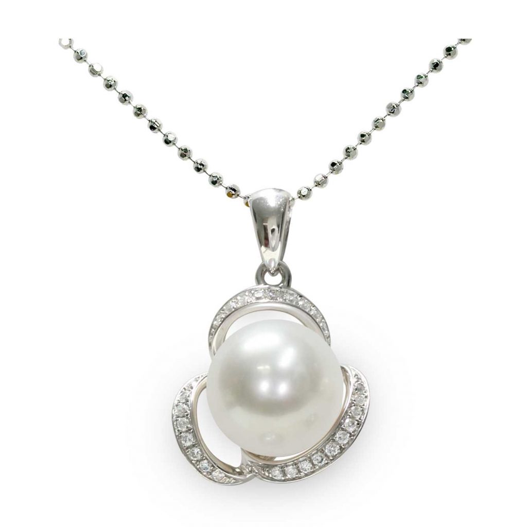 Pendente con catena in Argento 925‰ C.Z. Perla Piena Perlagione button 10x10½mm lunghezza cm 45~