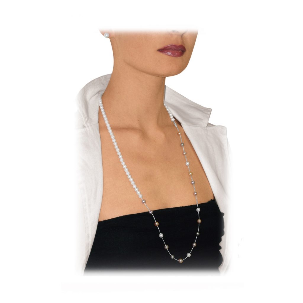 Collana di Perle Piena Perlagione multicolor 6½x7mm e Oro bianco 750‰ lunghezza cm 80~