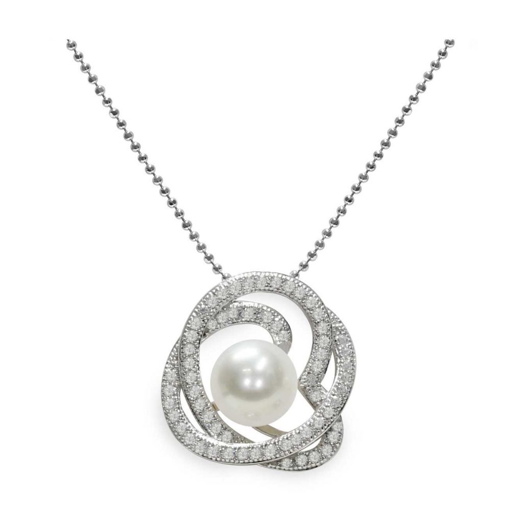 Pendente con catena in Argento 925‰ C.Z. Perla Piena Perlagione button 8-9mm lunghezza cm 45~