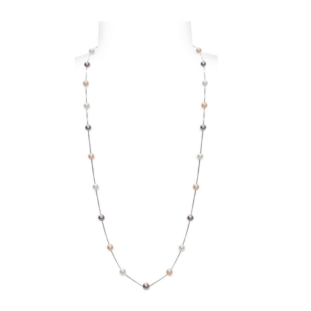 Collana in Argento 925‰ Perle Piena Perlagione bianche, pesca e malva 6½x7mm lunghezza cm 80~