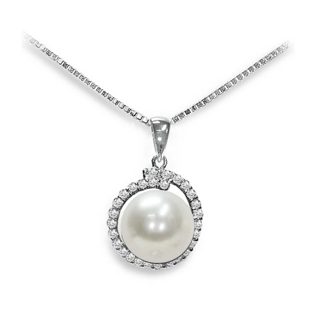 Pendente con catena in Oro bianco 750‰ Diamanti ct 0,22 Perla Piena Perlagione 10x10½mm lunghezza cm 42~