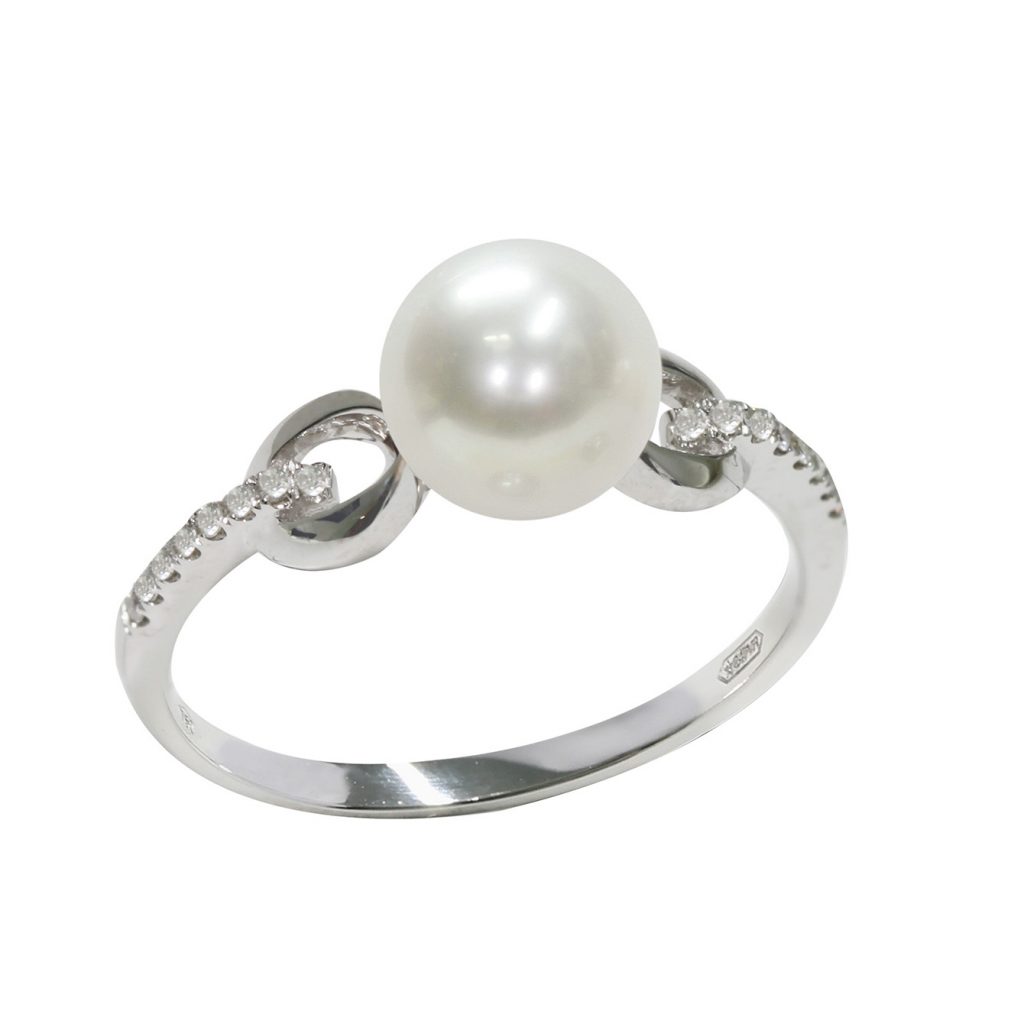 Anello in Oro bianco 750‰ Diamanti ct 0,08 Perla Akoya 7x7½mm misura ø 14