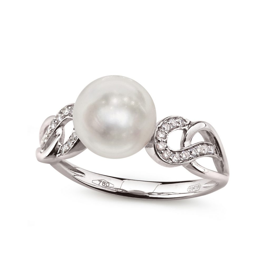 Anello in Oro bianco 750‰ Diamanti ct 0,12 Perla Piena Perlagione 8x8½mm misura ø 14