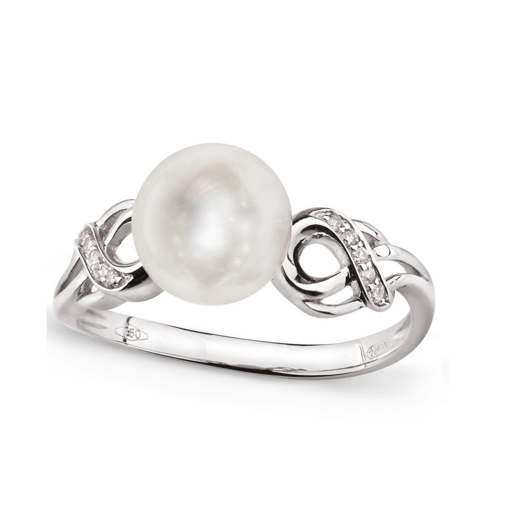 Anello in Oro bianco 750‰ Diamanti ct 0,05 Perla Piena Perlagione 8x8½mm misura ø 14