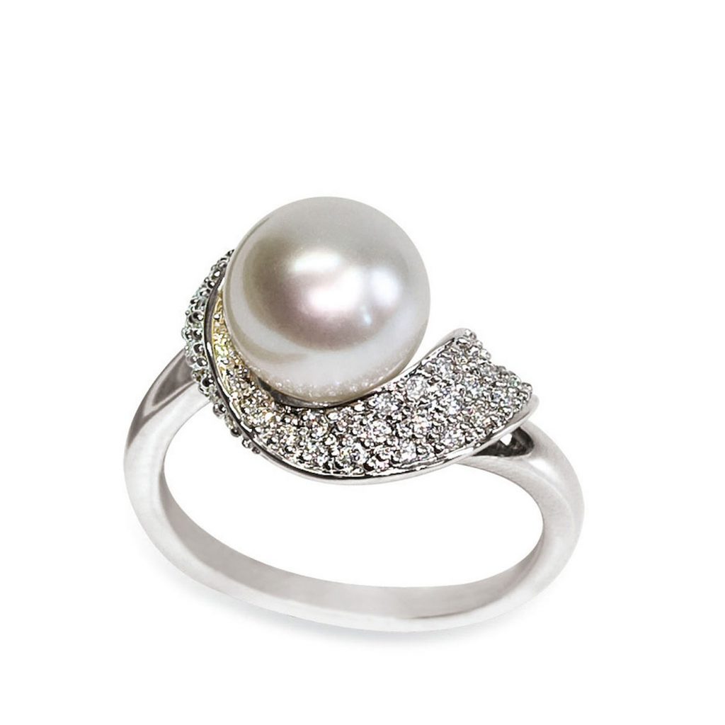 Anello in Oro bianco 750‰ Diamanti ct 0,23 Perla Piena Perlagione 9X9½mm misura ø 14