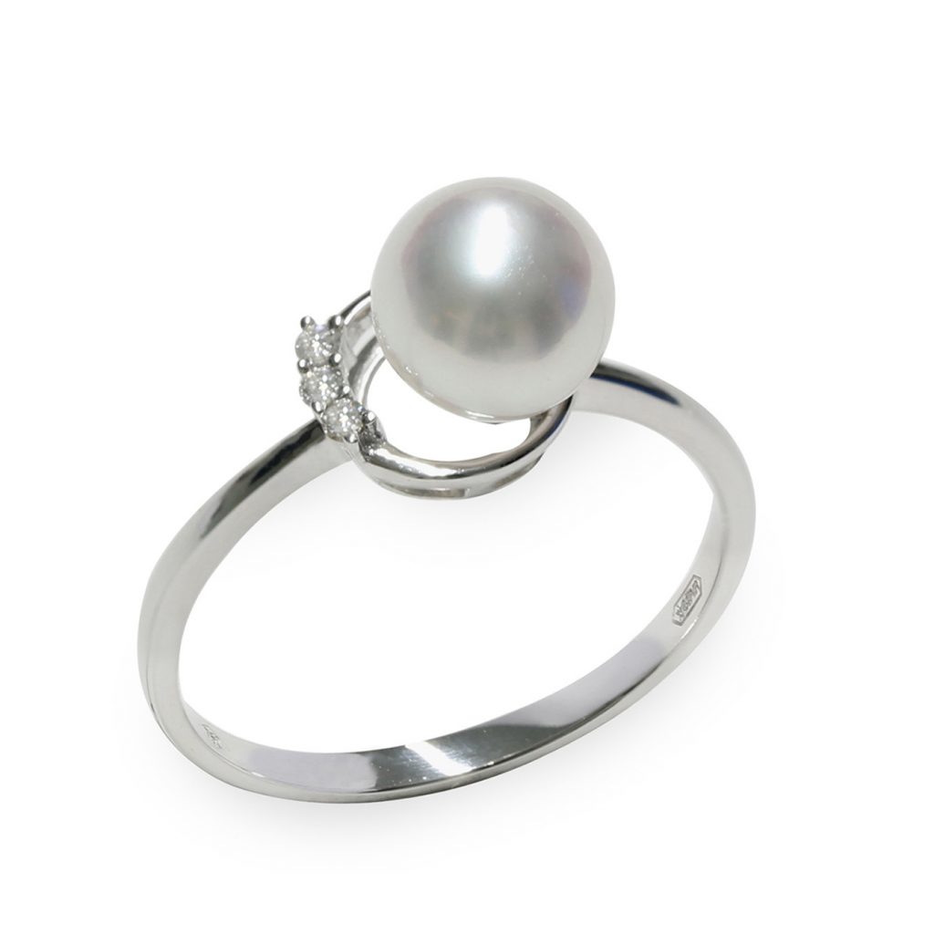 Anello in Oro bianco 750‰ Diamanti ct 0,03 Perla Akoya 7x7½mm misura ø 14