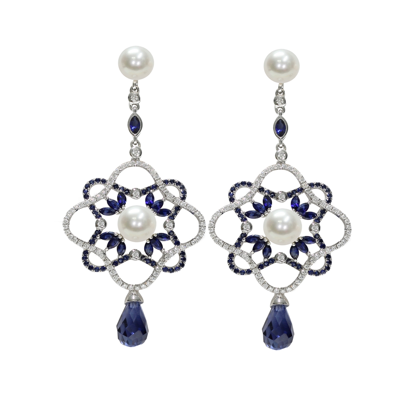 Orecchini in Argento 925‰ C.Z. zaffiri blu di sintesi Perle Piena Perlagione 7/8-8/9mm