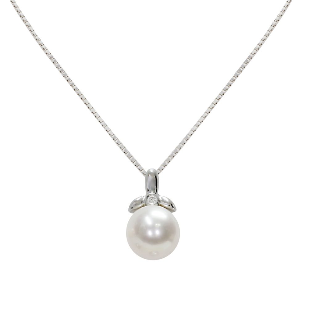 Ciondolo in Oro bianco 750‰ Diamanti ct 0,008 Perla Akoya 7x7½mm
