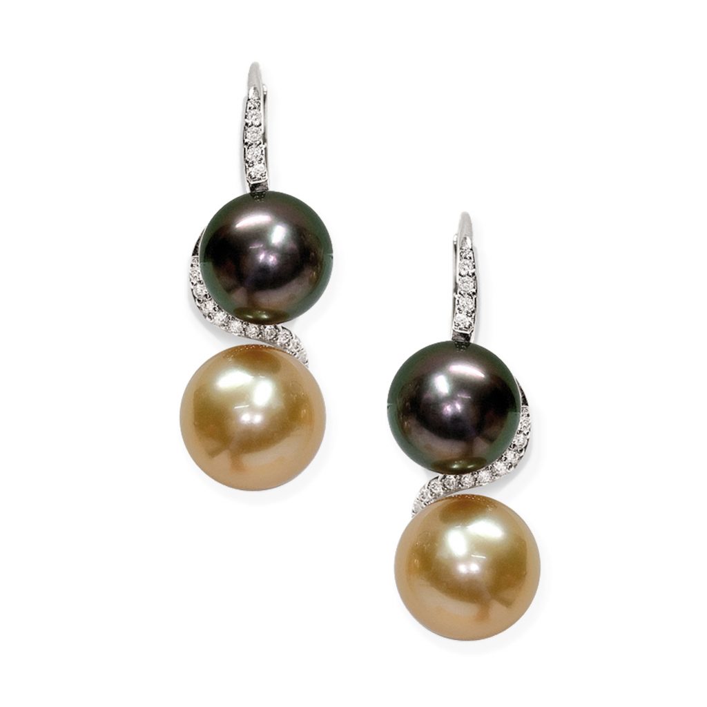 Orecchini in Oro bianco 750‰ Diamanti ct 0,15 Perle Tahitiana 8½x9 Australiana 9½x10mm