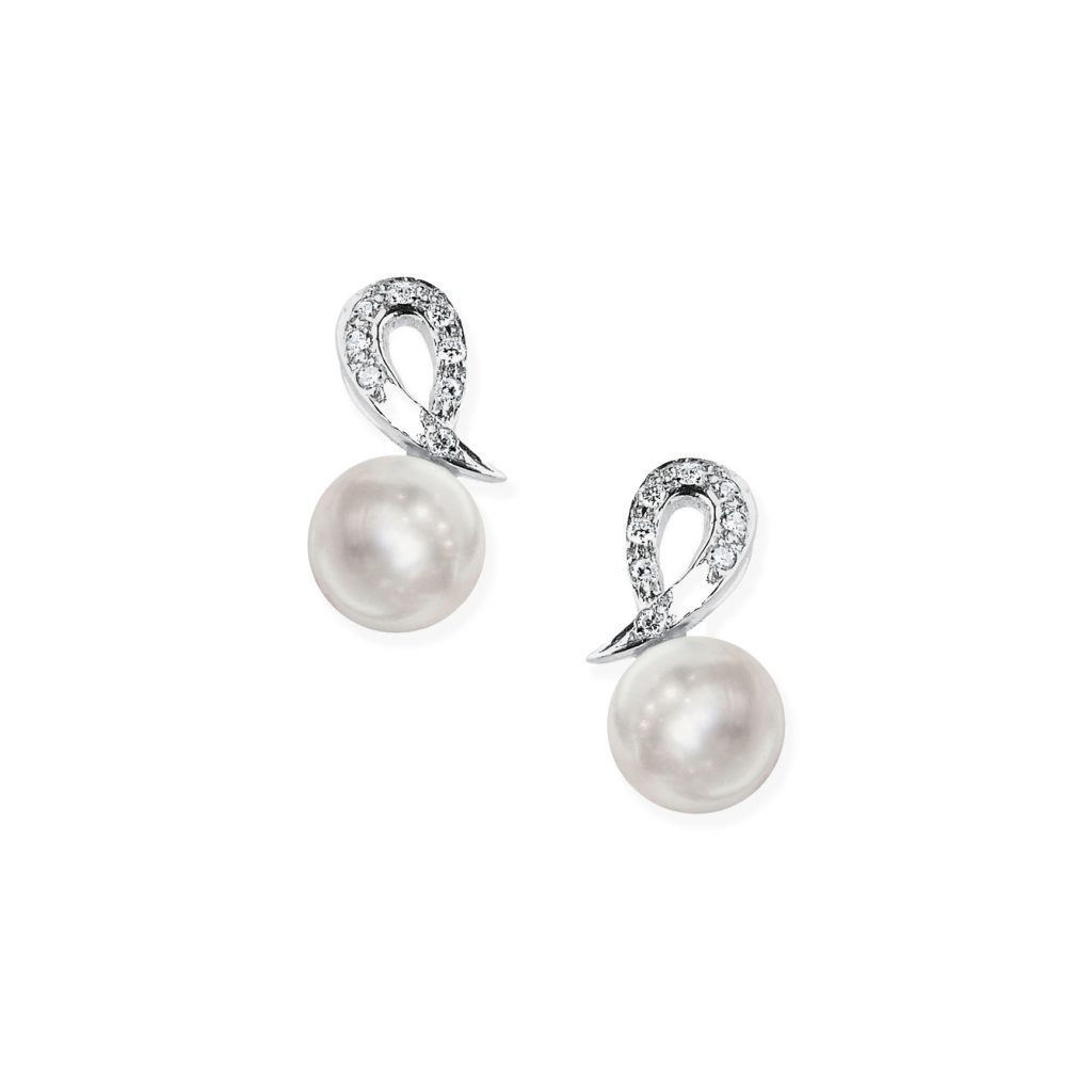 Orecchini in Oro bianco 750‰Diamanti ct 0,09 Perle Akoya 6½X7mm