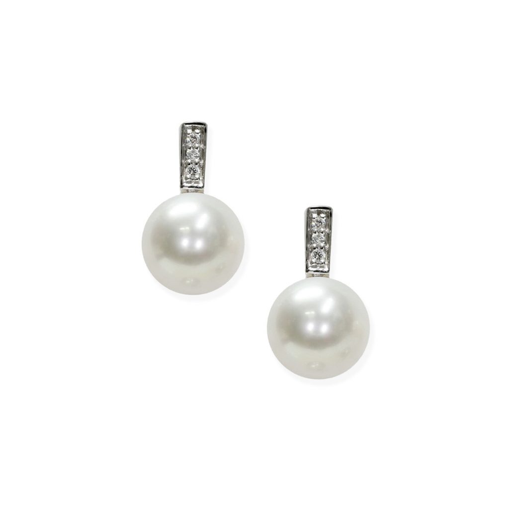 Orecchini in Oro bianco 750‰ Diamanti ct 0,06 Perle Piena Perlagione 9mm