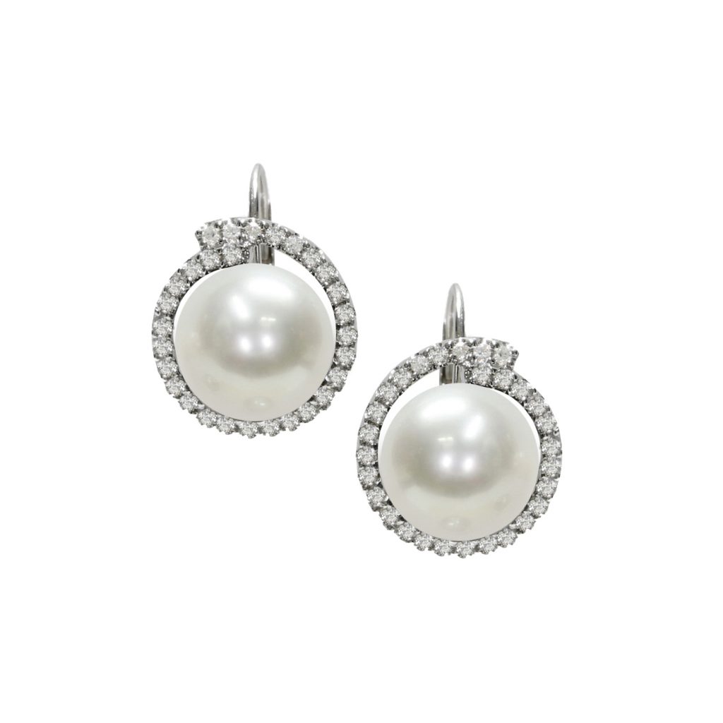 Orecchini in Oro bianco 750‰ Diamanti ct 0,45 Perle Piena Perlagione 10x10½mm