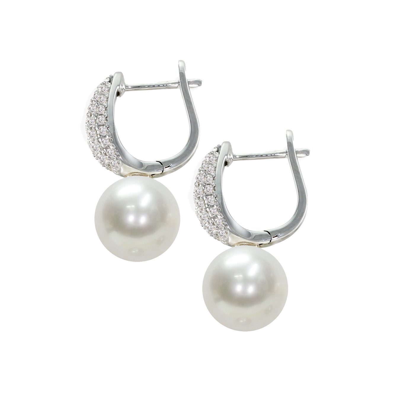 Orecchini in Oro bianco750‰ Diamanti ct 0,452 Perle Piena Perlagione 9½X10mm