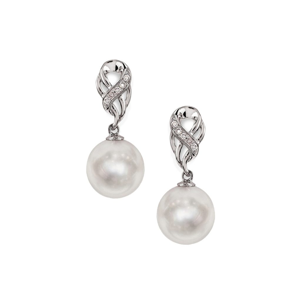 Orecchini in Oro bianco 750‰ Diamanti ct 0,05 Perle Piena Perlagione 8x8½mm