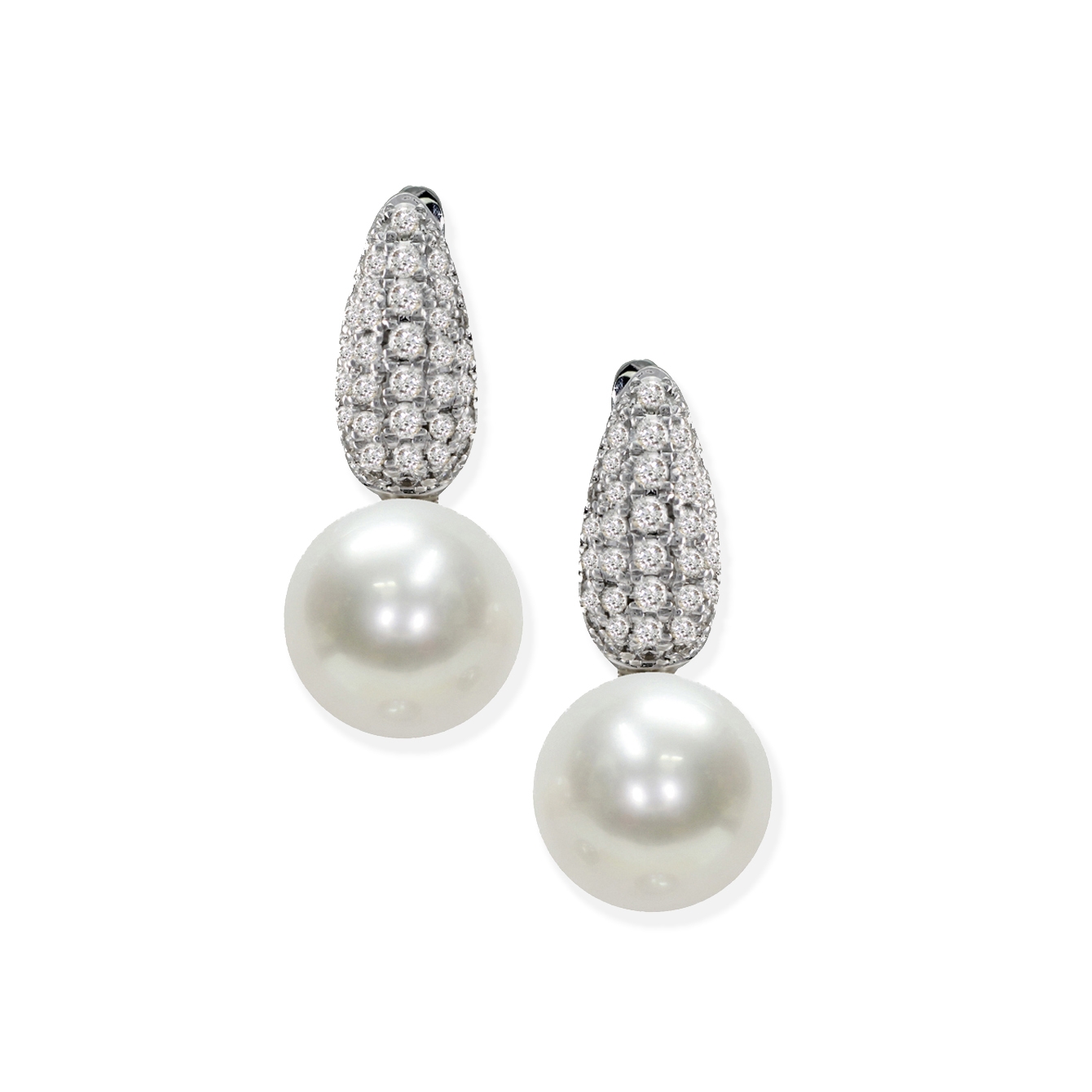 Orecchini in Oro bianco750‰ Diamanti ct 0,452 Perle Piena Perlagione 9½X10mm
