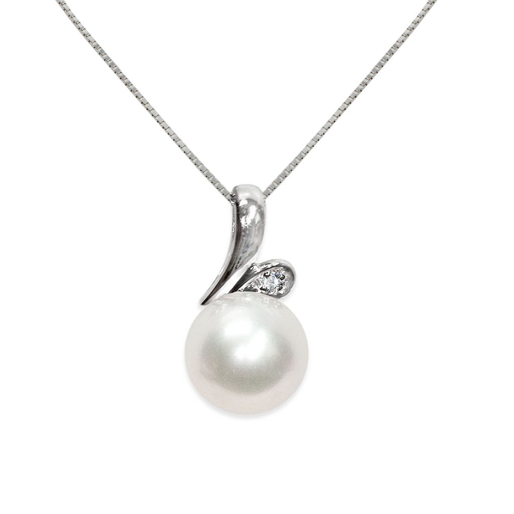 Ciondolo in Oro bianco 750‰ Diamanti ct 0,005 Perla Piena Perlagione 7½X8mm