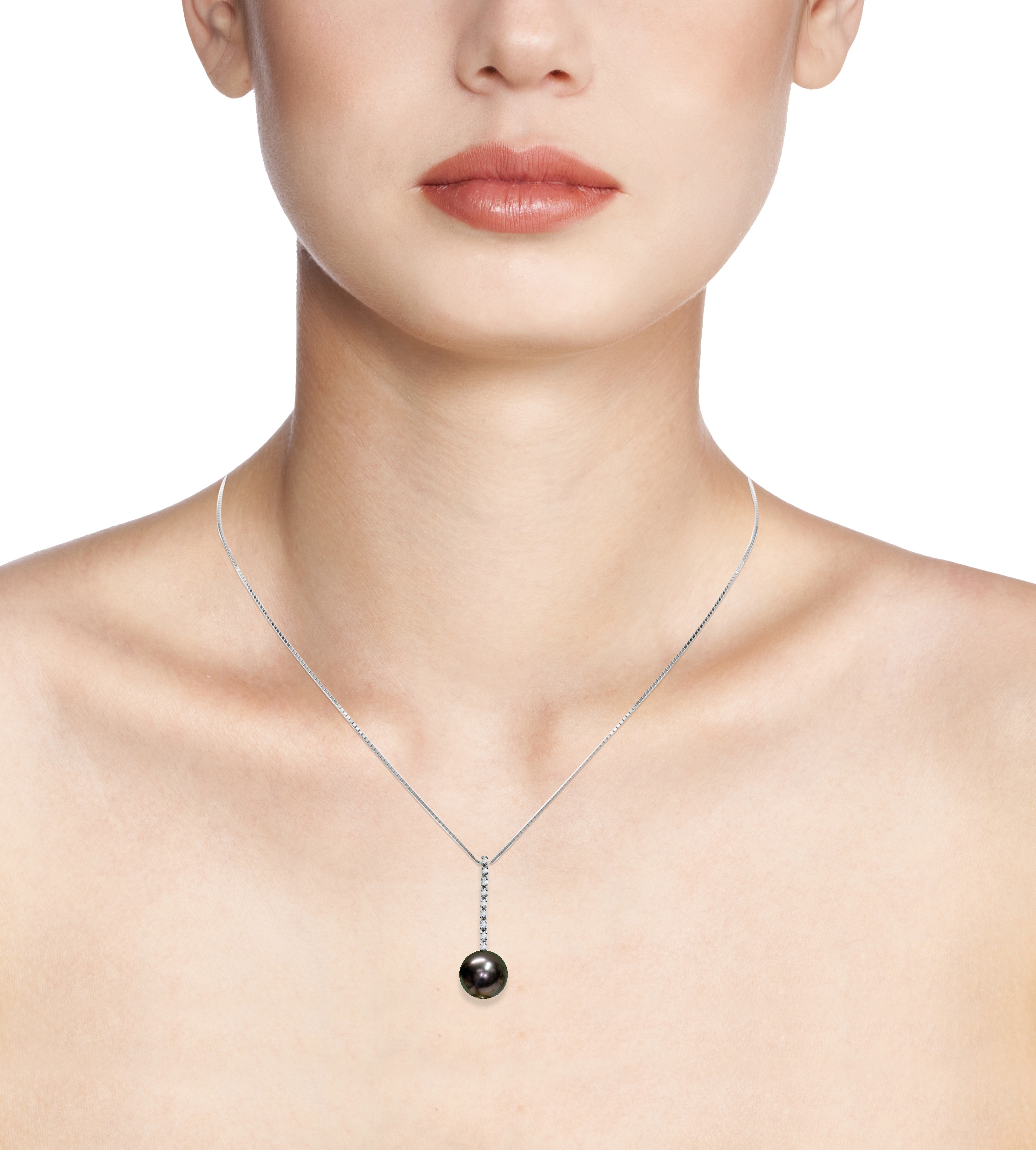 Pendente con catena in Oro bianco 750‰ Diamanti ct 0,09 Perla Tahitiana 9-10mm lunghezza cm 42~