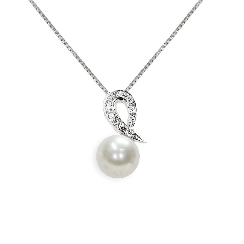 Ciondolo in Oro bianco 750‰ Diamanti ct 0,05 Perla Akoya 6½x7mm