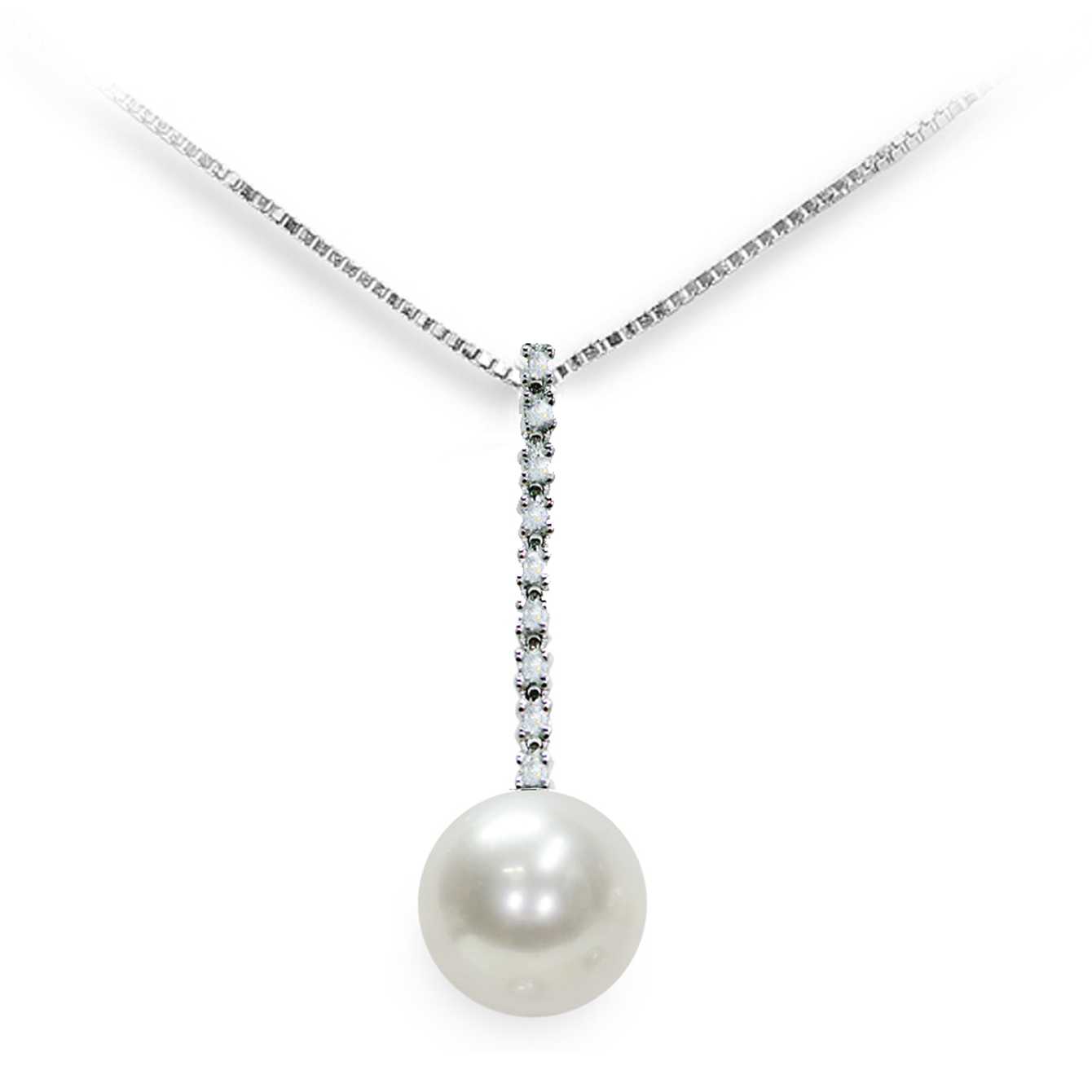 Pendente con catena in Oro bianco 750‰ Diamanti ct 0,09 Perla Piena Perlagione 9-10mm lunghezza cm 42~