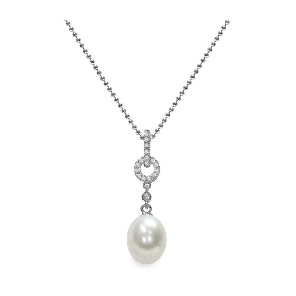 Pendente con catena in Argento 925‰ C.Z. Perla Piena Perlagione drop 9x9½mm lunghezza cm 45~