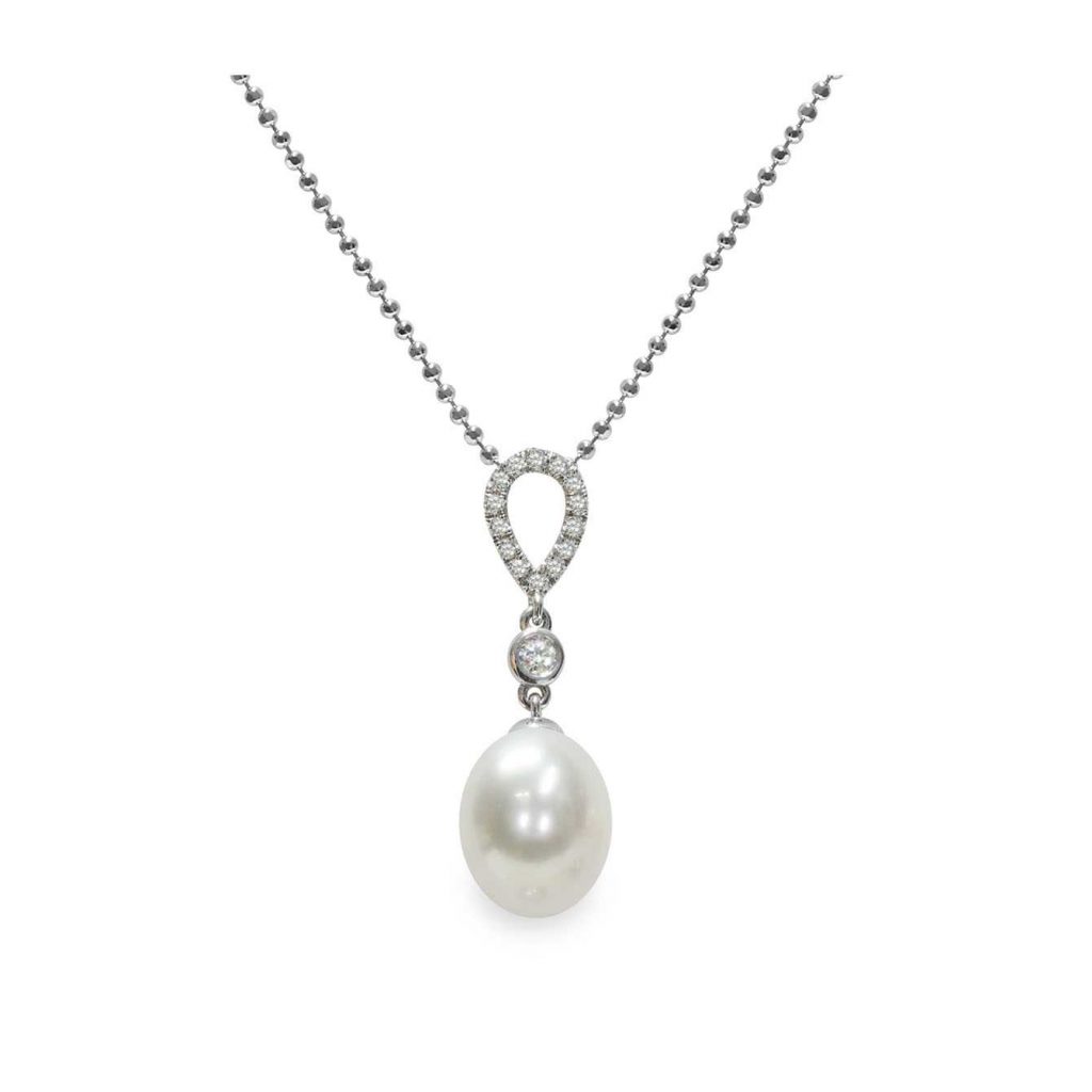 Pendente con catena in Argento 925‰ C.Z. Perla Piena Perlagione drop 9x9½mm lunghezza cm 45~