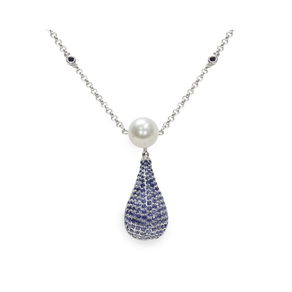 Collana Argento 925°/°°+Rh Zaffiri blu di sintesi Perla Piena Perlagione 8½x9mm