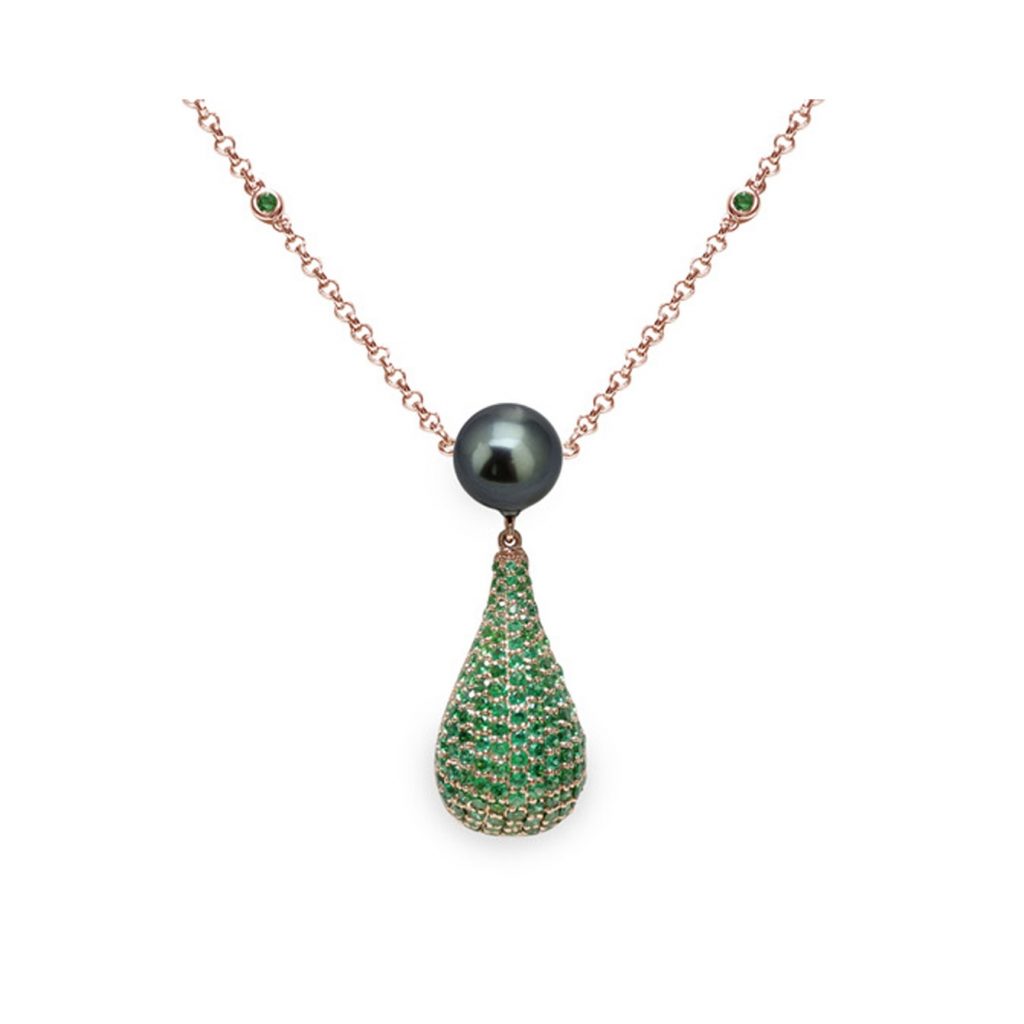 Collana Argento 925°/°°+Rh rosa C.Z. verde smeraldo Perla Tahitiana 8½x9mm