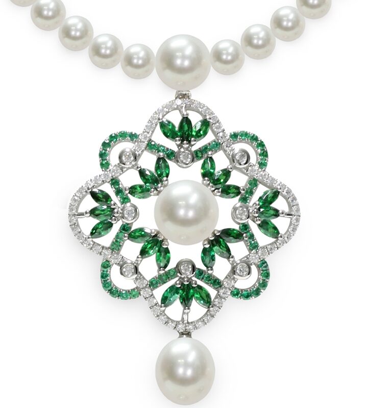 Collana Perle Piena Perlagione 4½x5-7½x8 button 9/10mm Argento 925°/°°+Rh C.Z. bianco/verde smeraldo