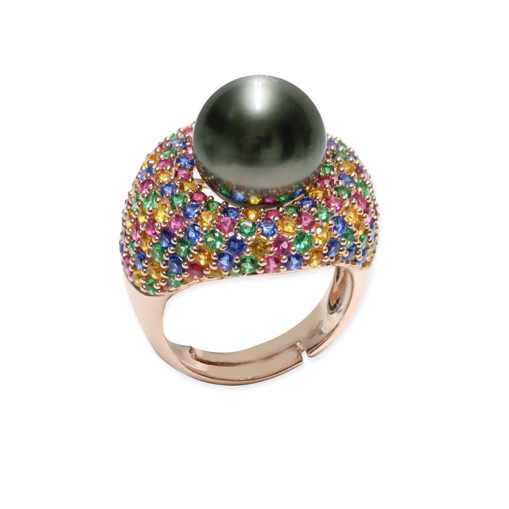 Anello in Argento 925‰+Rh rosè e C.Z. Perla Tahiti Semi-Round 11½X12 mm