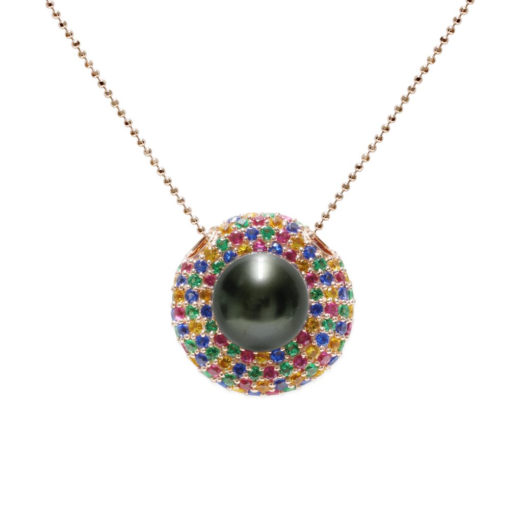 Collana con ciondolo in Argento 925‰+Rh rosè, C.Z., Perla Tahiti Semi-Round 11½X12 mm