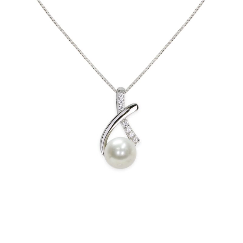 925‰ Silver C.Z. chain pendant. Full pearl bead button 6½x7mm Length 42 cm~