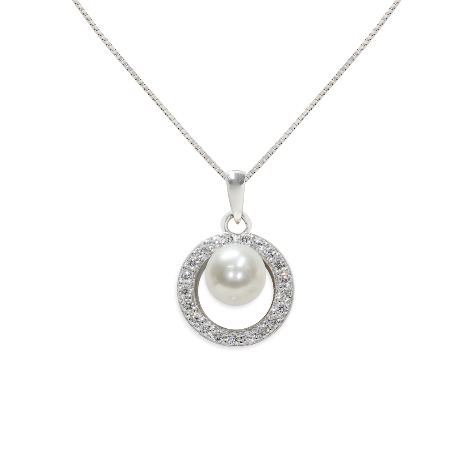 Pendente con catena in Argento 925‰ C.Z. Perla Piena Perlagione button 5½X6mm Lunghezza 42 cm~