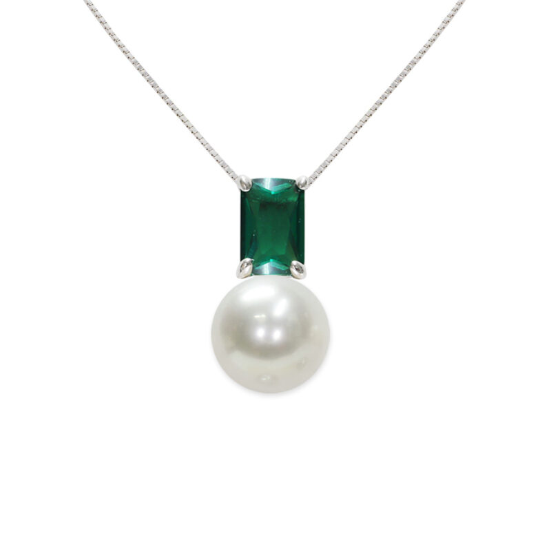 Pendente con catena in Argento 925‰ Zircone verde Perle Piena Perlagione bottone 7½x8 mm